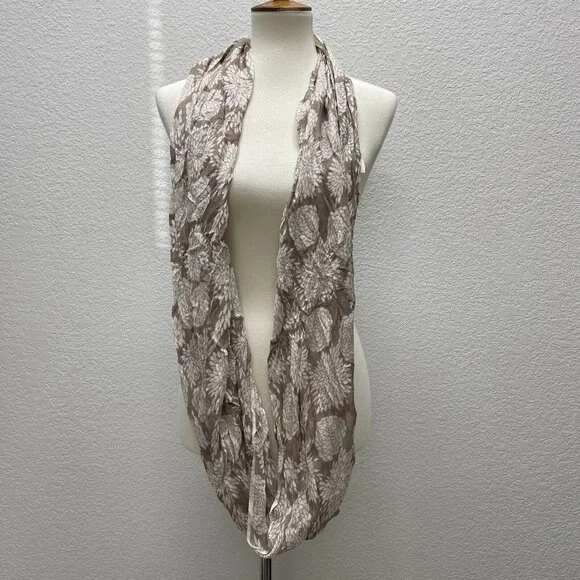 World Market Khaki Tan White Unity Scarf  100% Viscose Floral Print Design - Picture 3 of 6